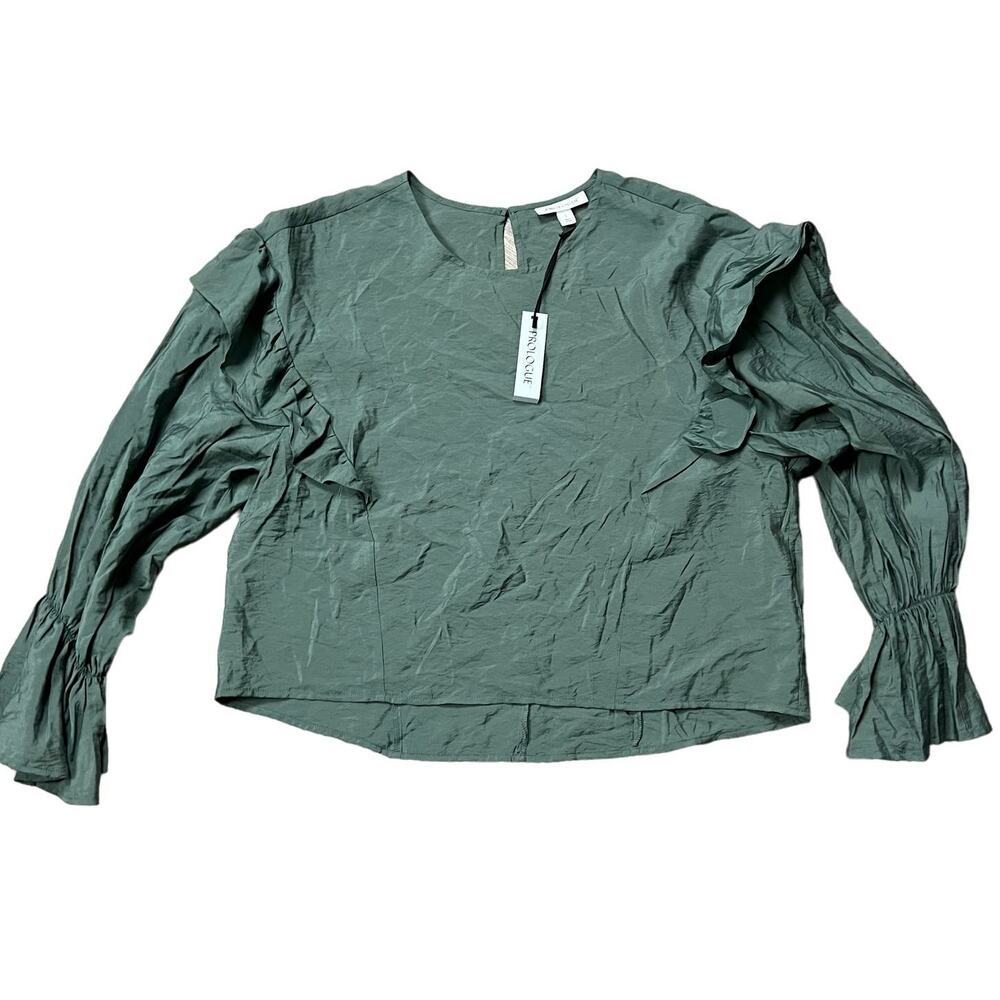 Prologue Women's Green Bishop Long Sleeve Ruffle Top - Size Large - NWT